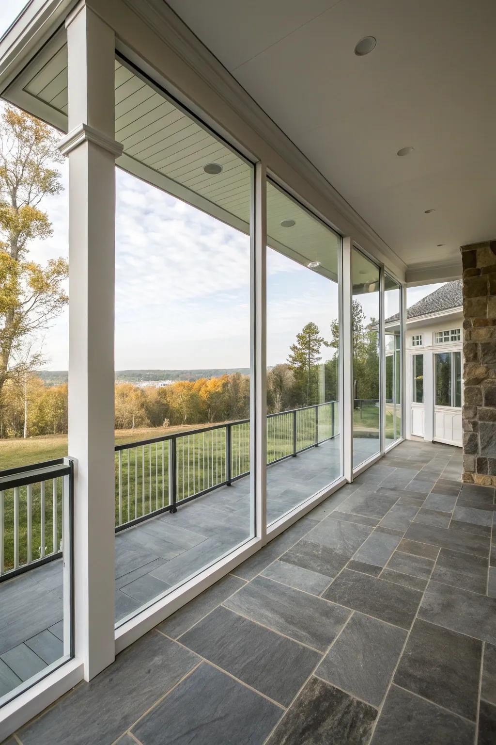 A modern porch featuring glass-accented knee walls.