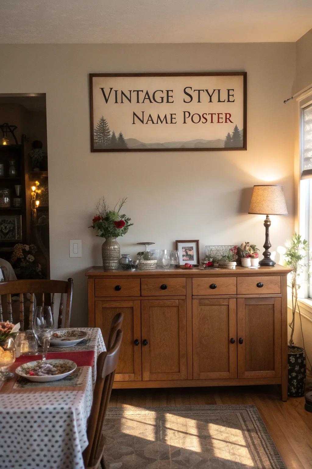 A vintage name display injecting nostalgic charm into a dining area.