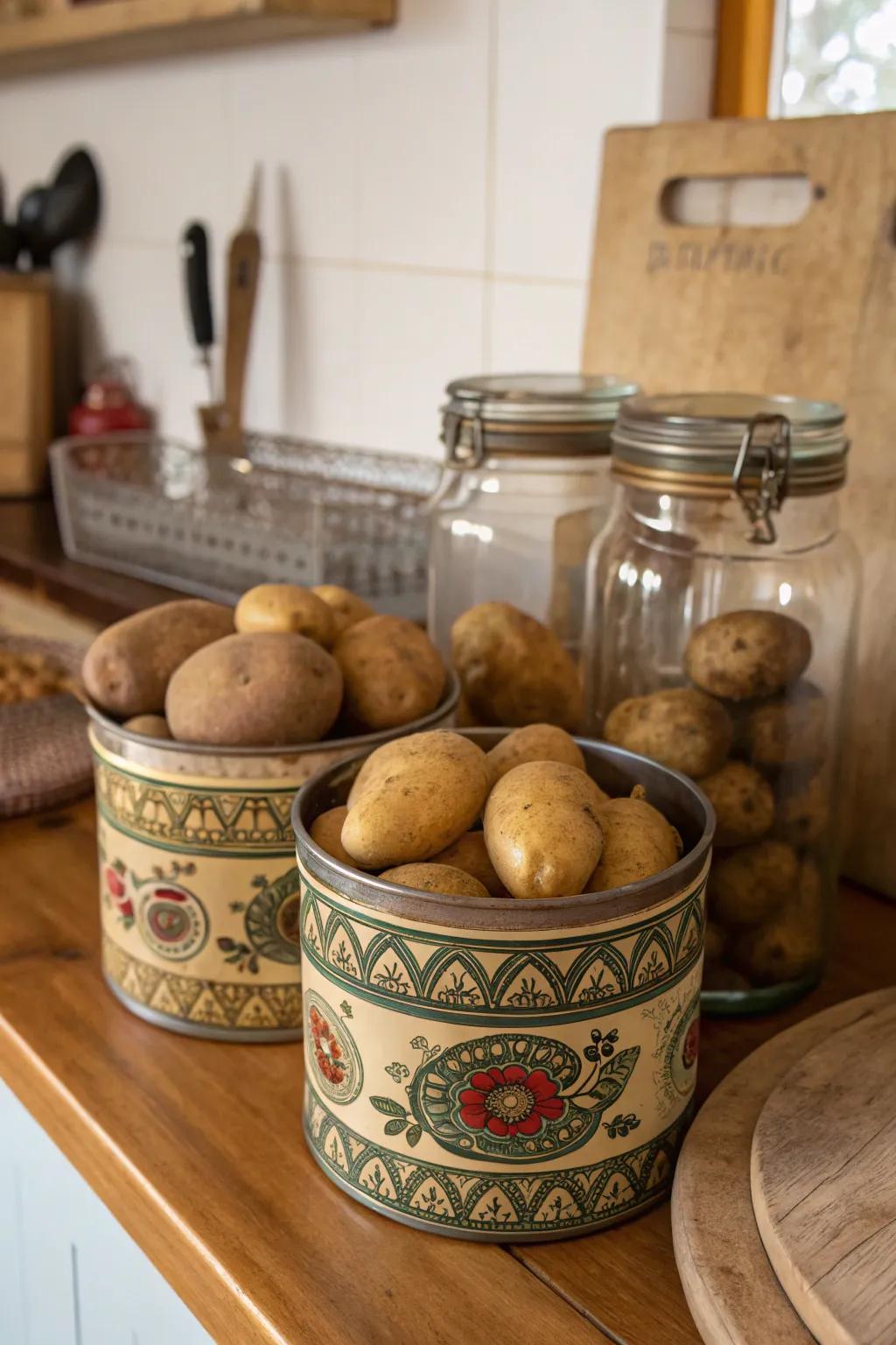 Assorted receptacles impart a vintage atmosphere to potato storage.