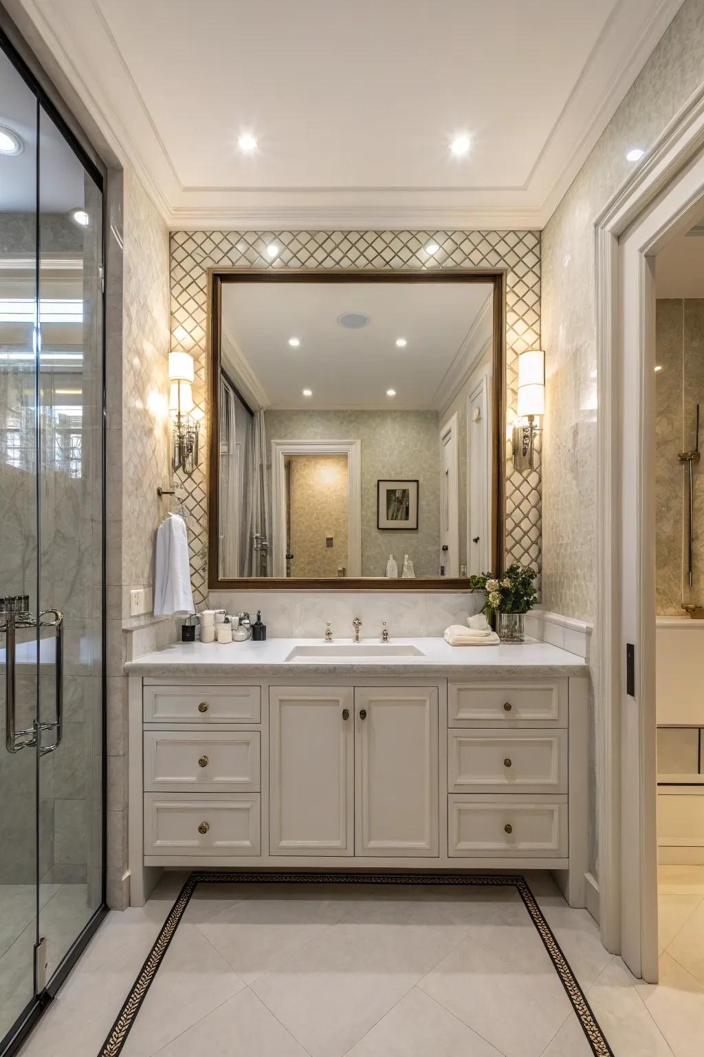 A powder room with an oversized mirror that introduces elegance and dimension.