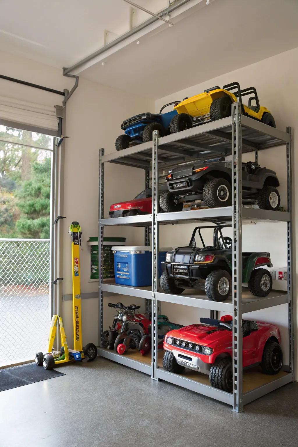 Multi-tier racks making the most of vertical space for motorized toys.