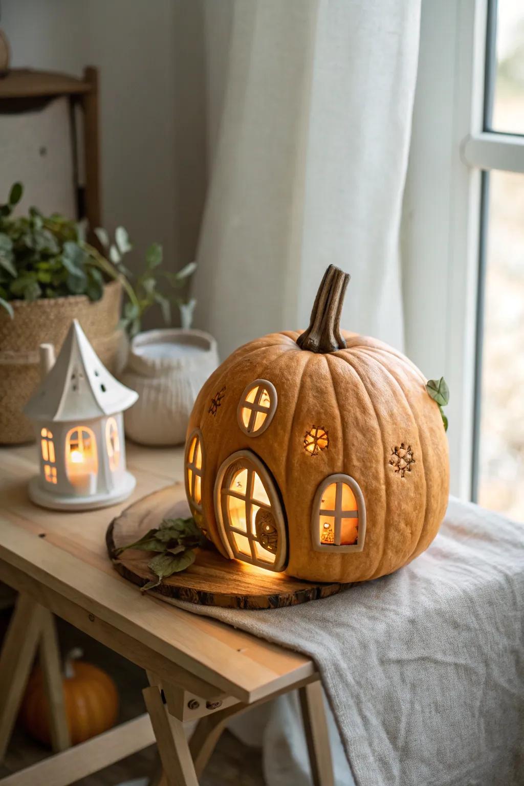Welcome to your enchanting sanctuary: a pumpkin pixie residence shimmering softly in Scandinavian-Boho vogue.