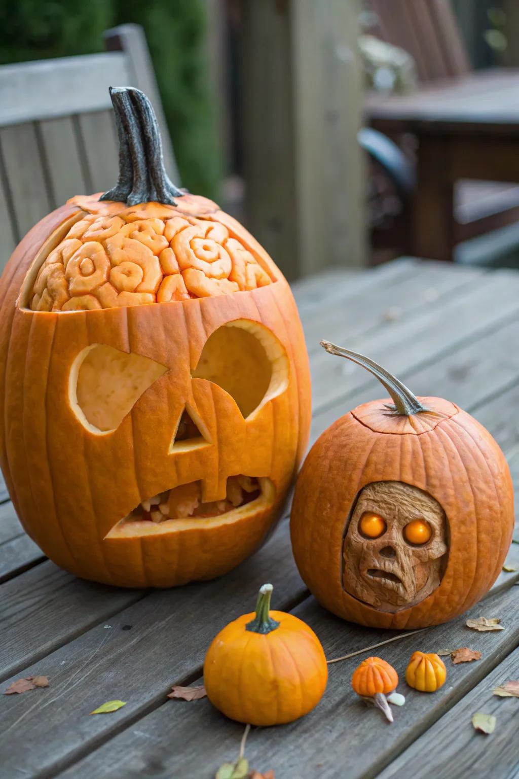 An amusing 'pumpkin with a brain' for a whimsical Halloween accent.
