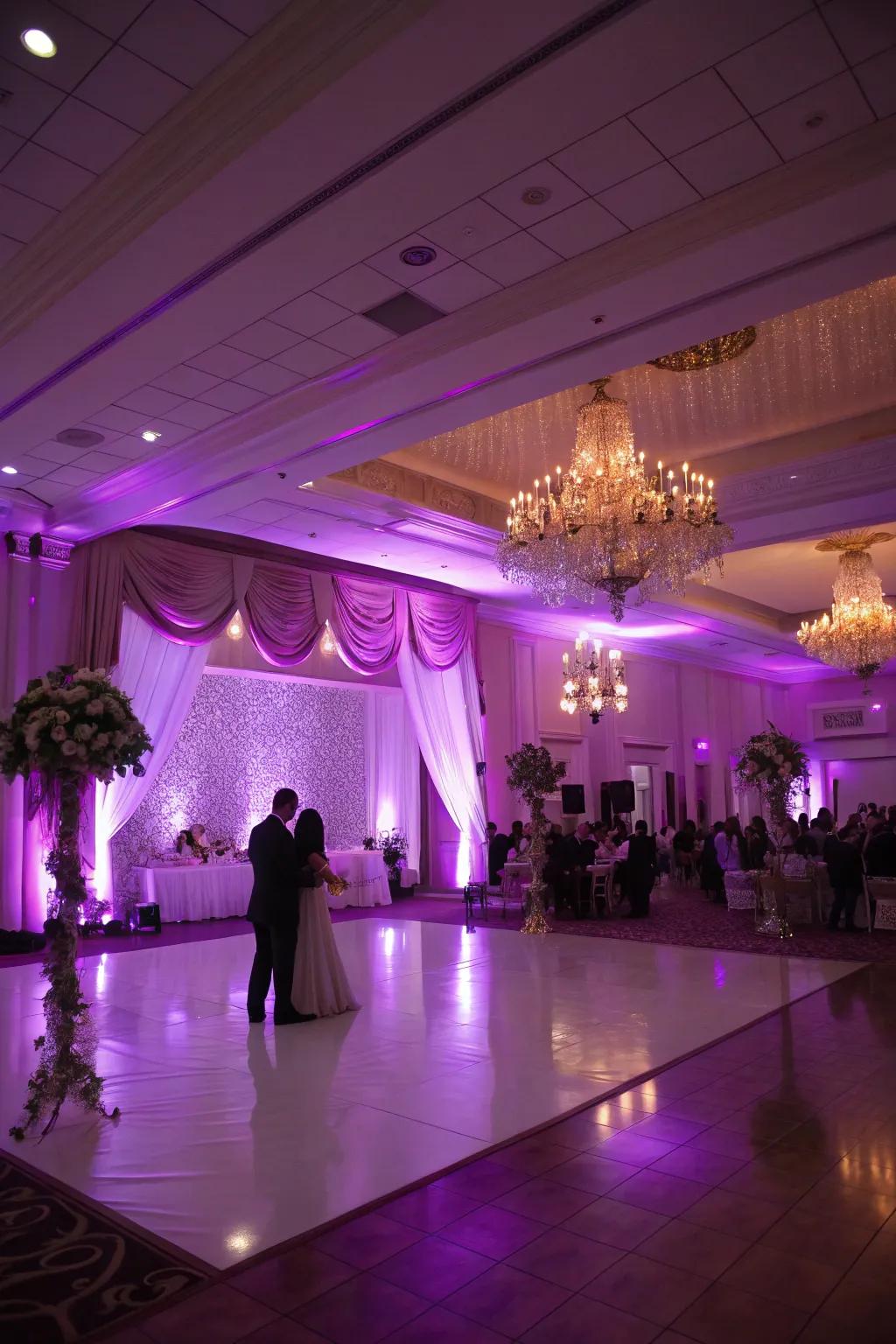 Purple lighting transforms the space into a magical wonderland.
