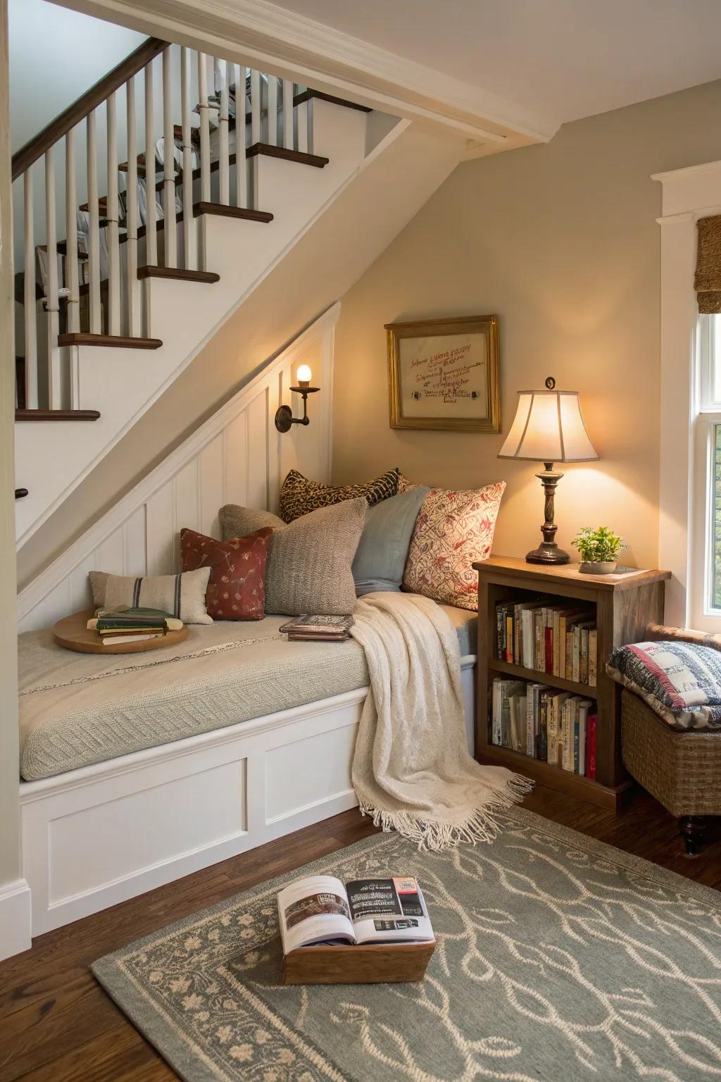 A secluded reading nook nestled under the staircase, ideal for moments of quiet.