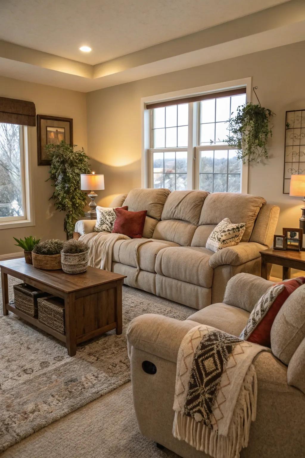 A pragmatic and easeful dwelling space spotlighting a commodious reclining sofa.