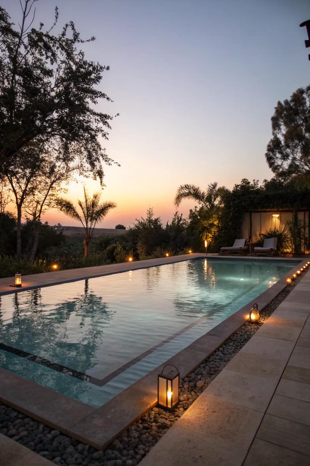 Mood lighting transmutes the pool zone into a twilight retreat.