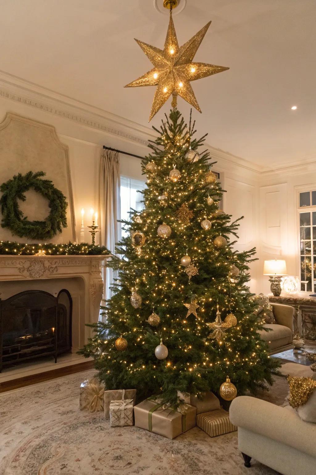 A glamorous tree topper completes the festive look.