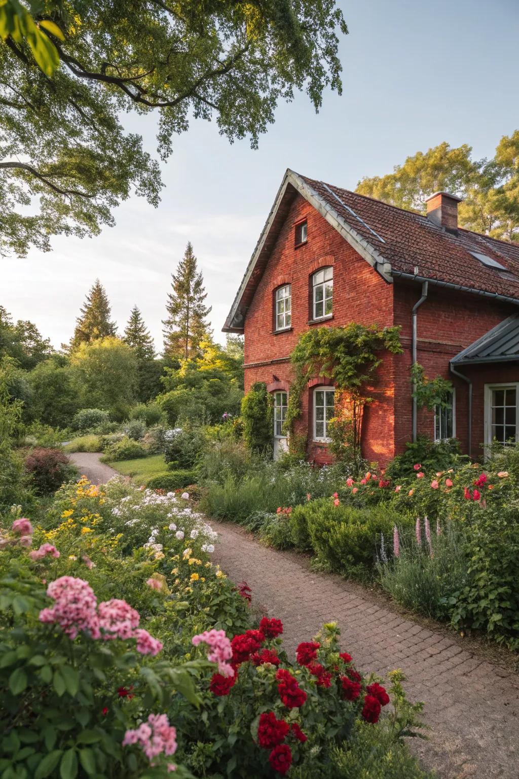 Lush landscaping enhances the charm of this red brick house.
