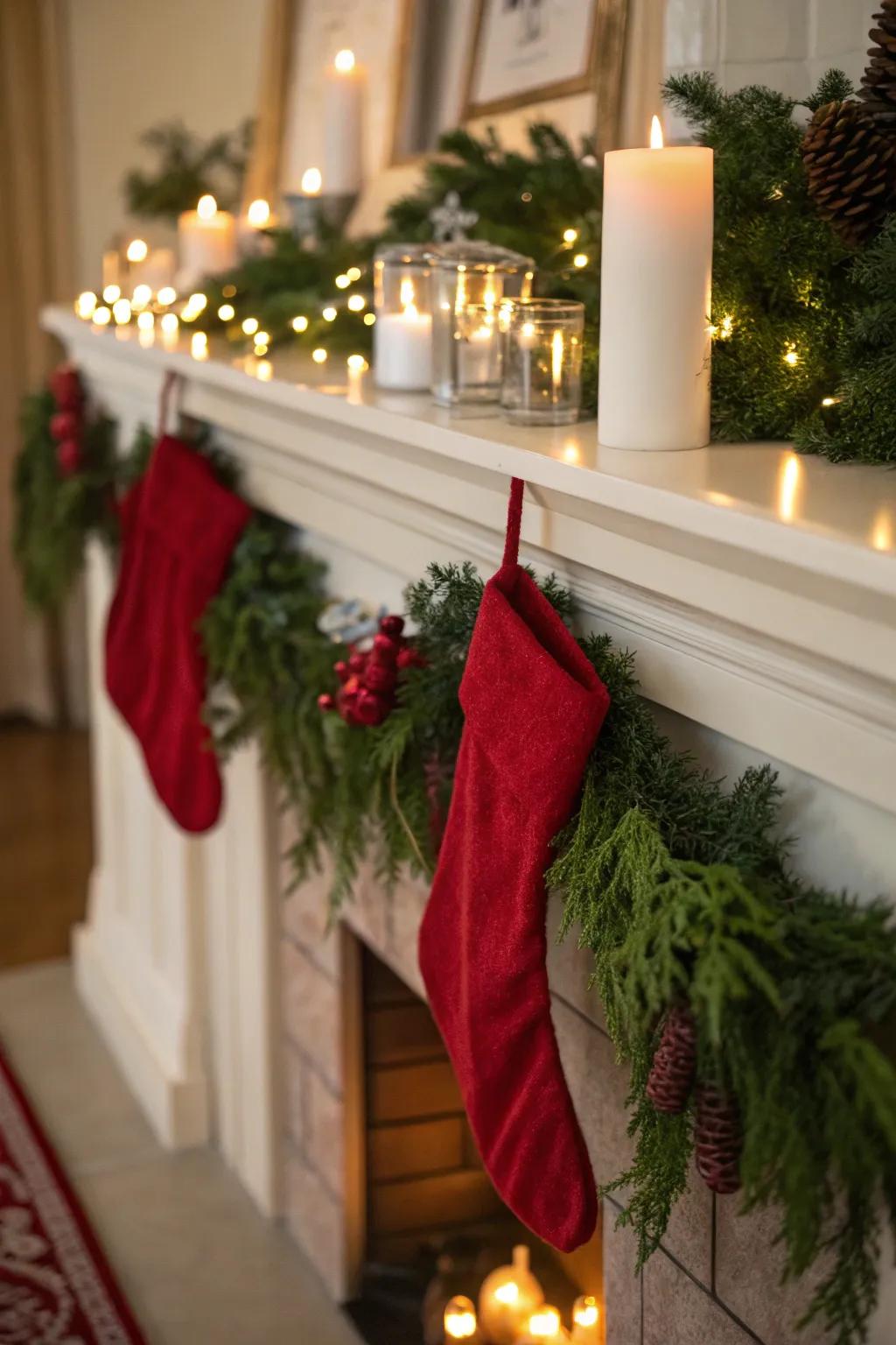 A charming mantel decorated with red accents.