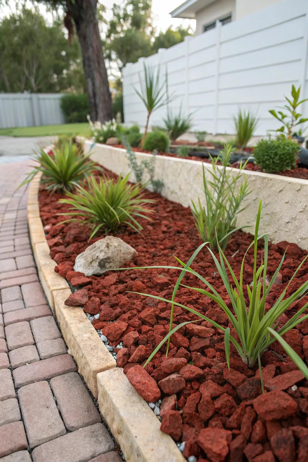 Scarlet volcanic stones function as a low-maintenance ground cover, significantly reducing weeds.