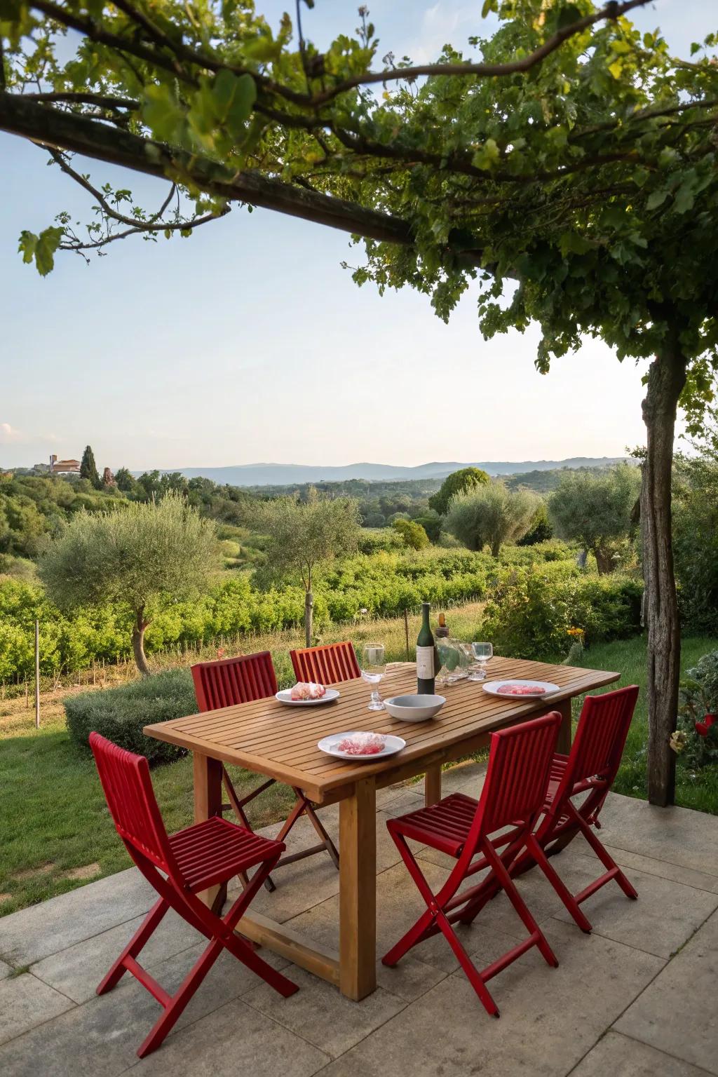 Scarlet dining chairs bring energy to the outdoor dining area.