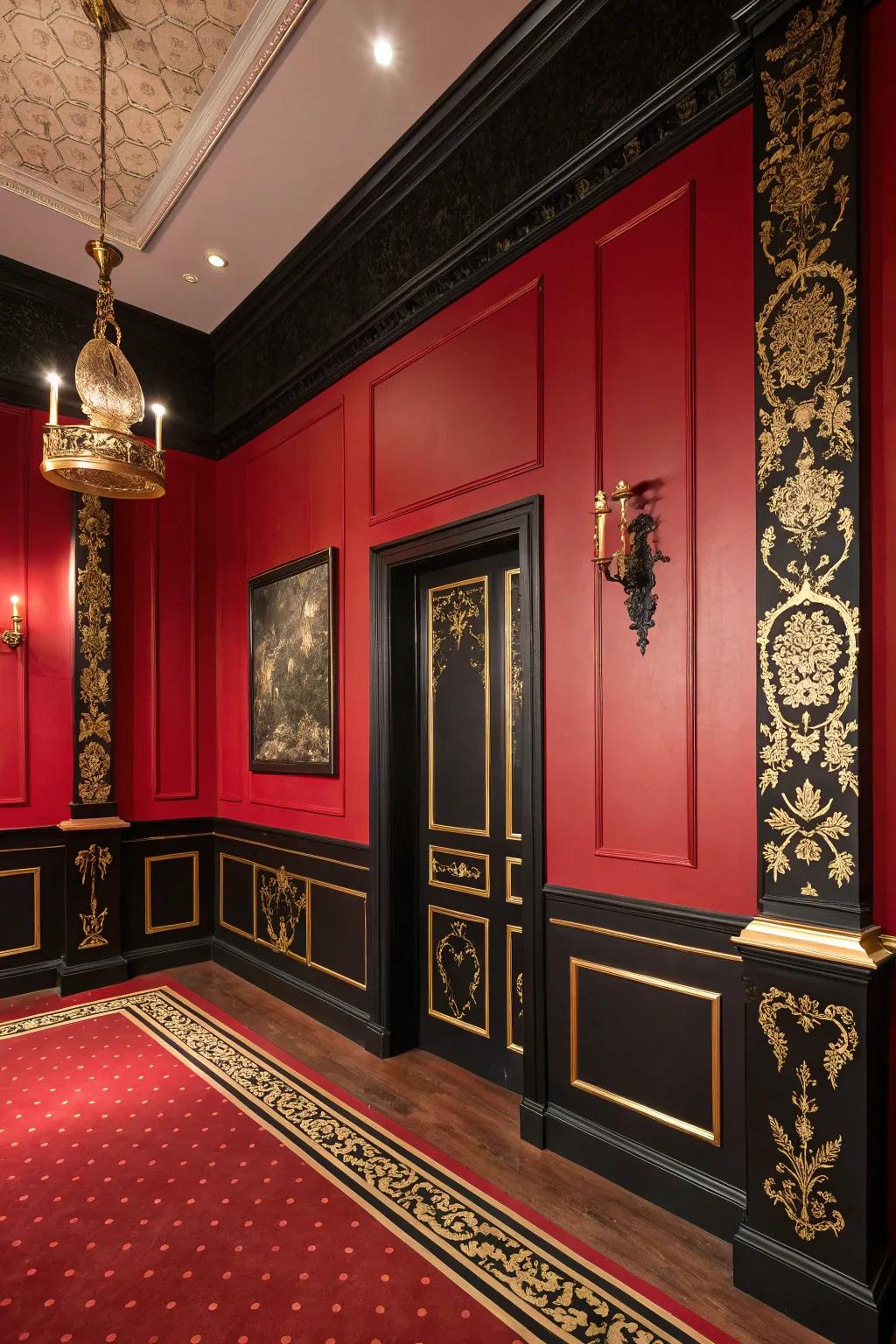 A polished space where red merges with neutral and deep shades for a well-balanced design.