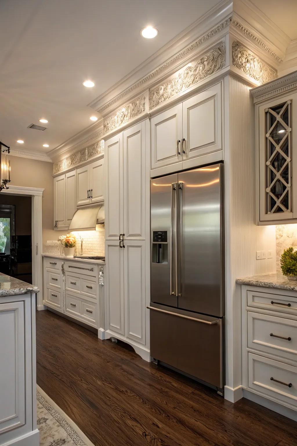 Ornate molding around the refrigerator imparts a polished accent to the kitchen.