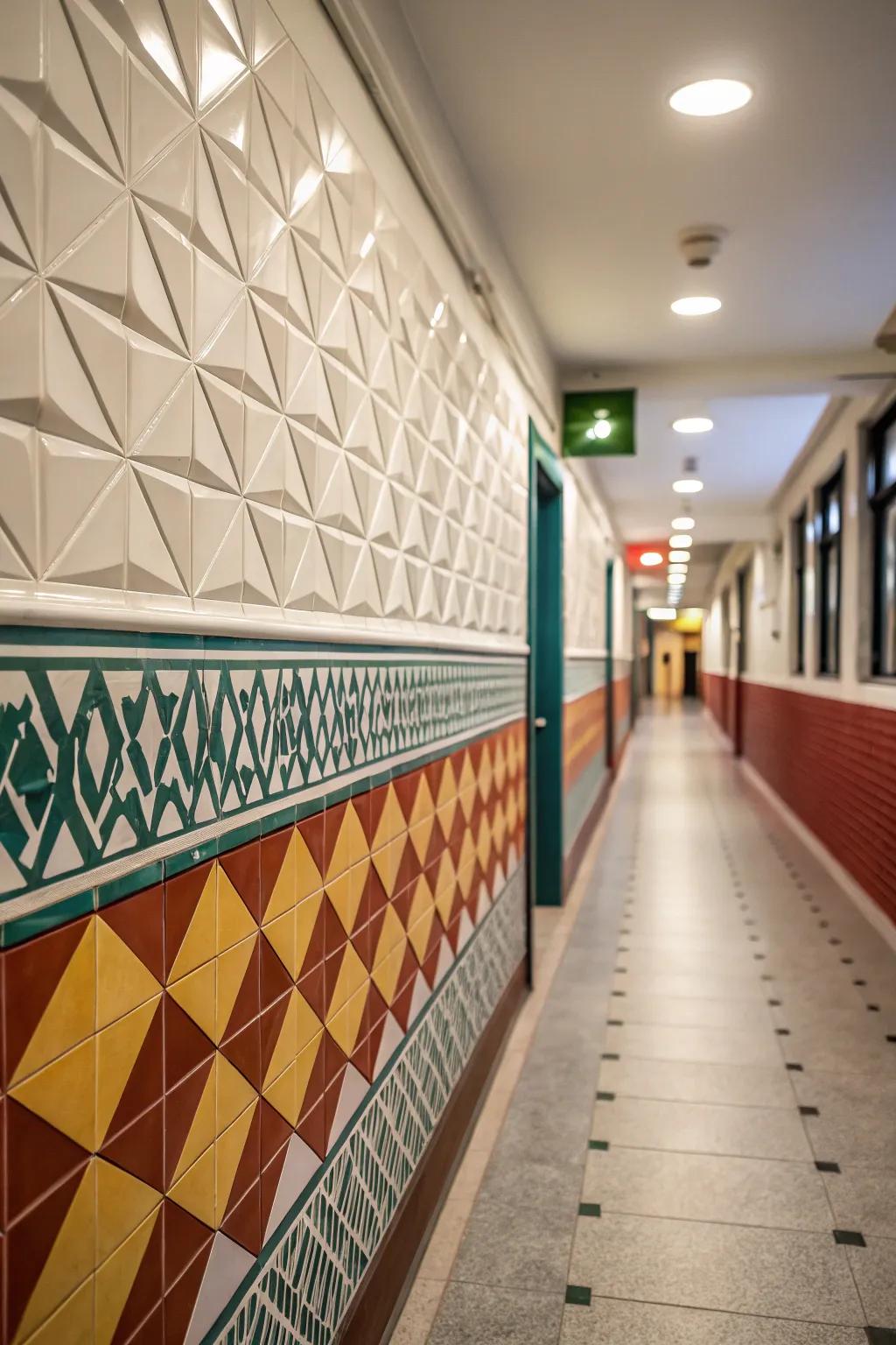 Geometric patterns in relief tiles establish a stylish, contemporary ambiance.