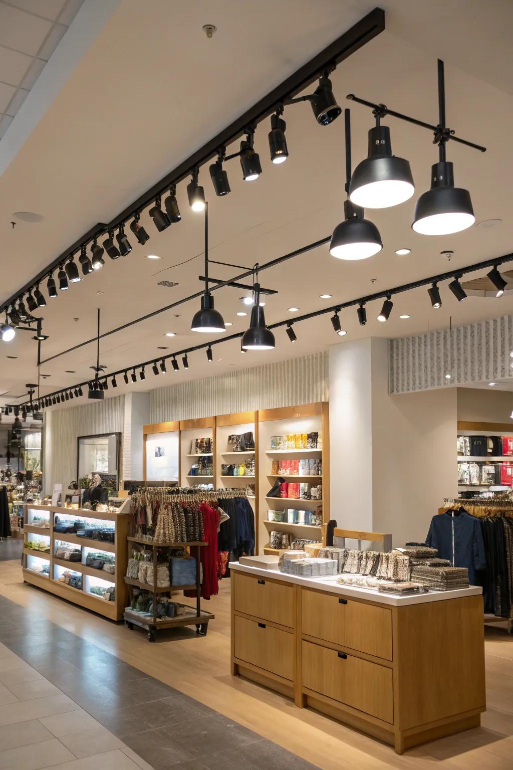 Track lighting delivering adaptability and focus in highlighting key store areas.