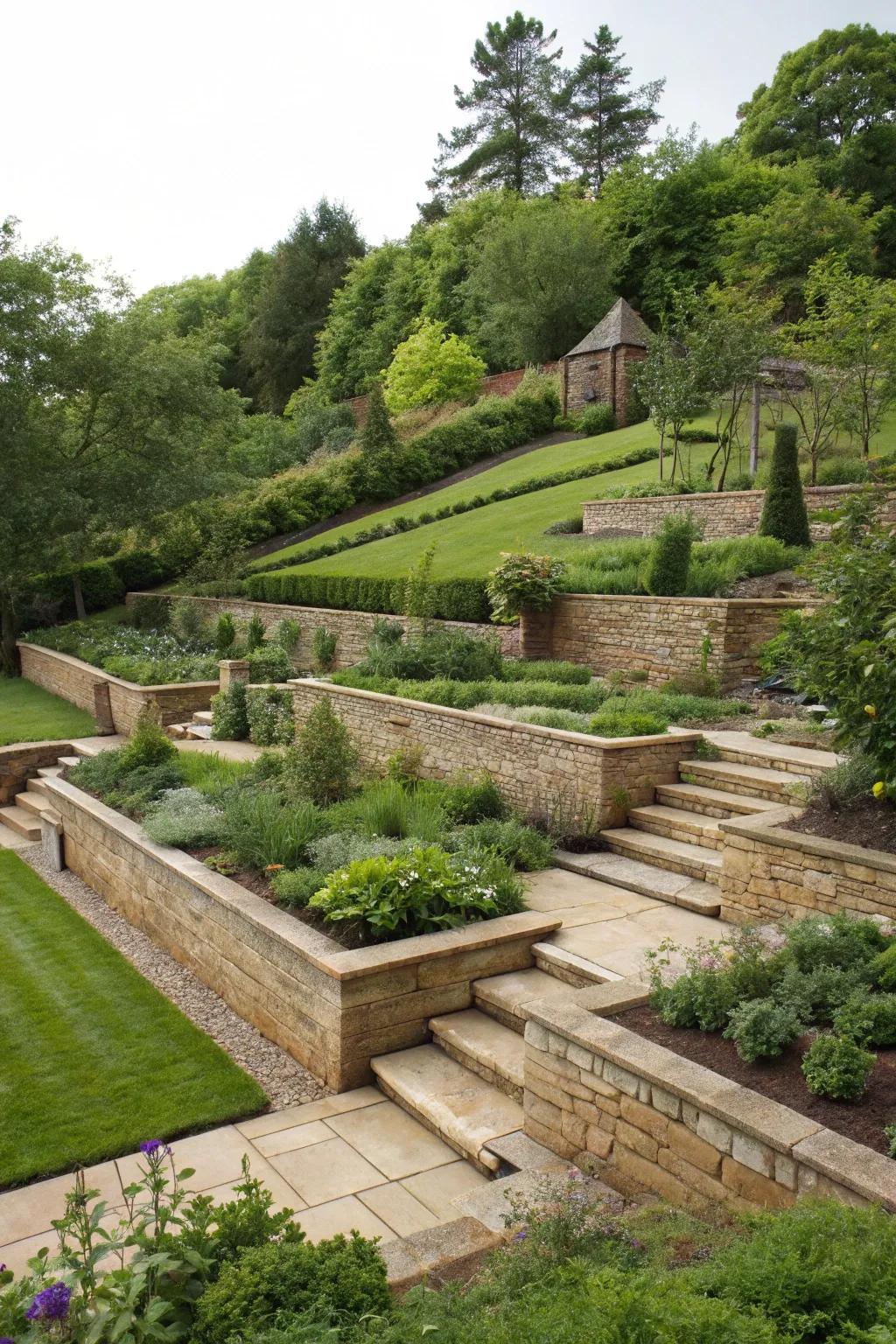Sloping garden transformed using border walls into useful and attractive terraces.