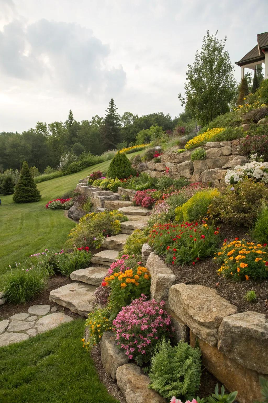 Stabilize slopes using striking stone arrangements.