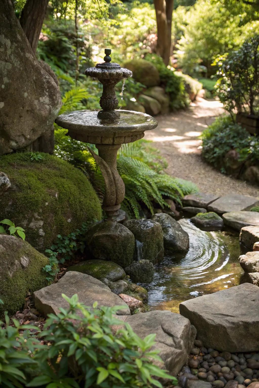A water feature enhanced by stones fosters a serene garden ambiance.
