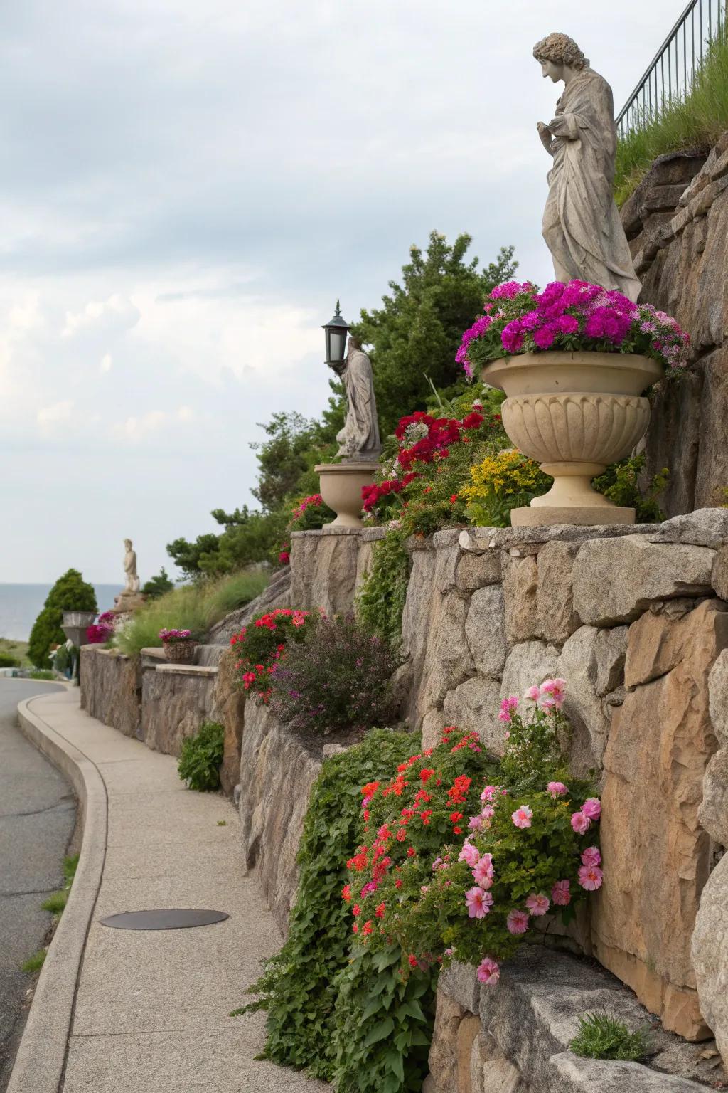 Artistic additions such as figures and planters add charm to stone walls.