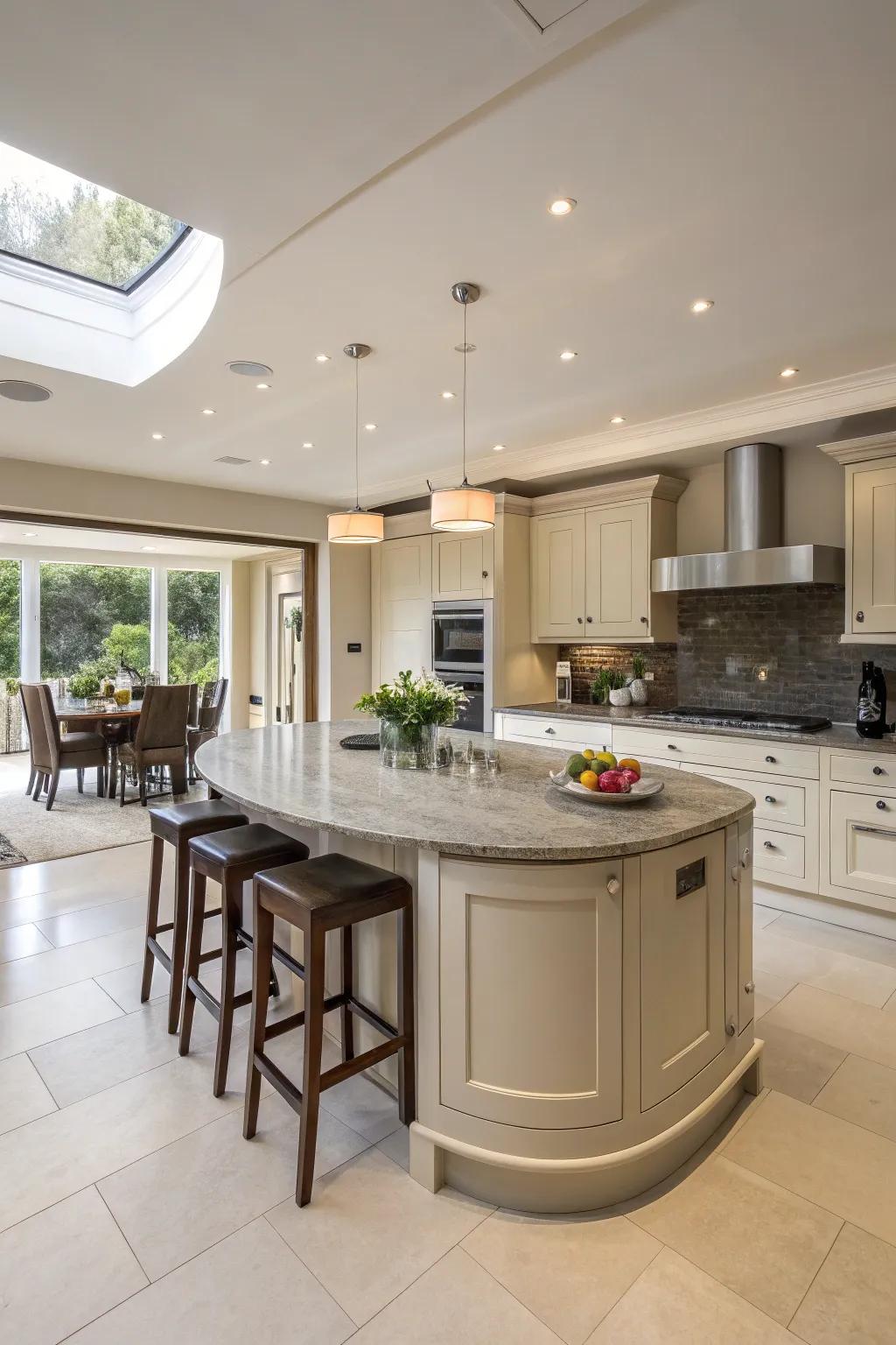 A centrally located circular island maximizes area and movement in a kitchen.