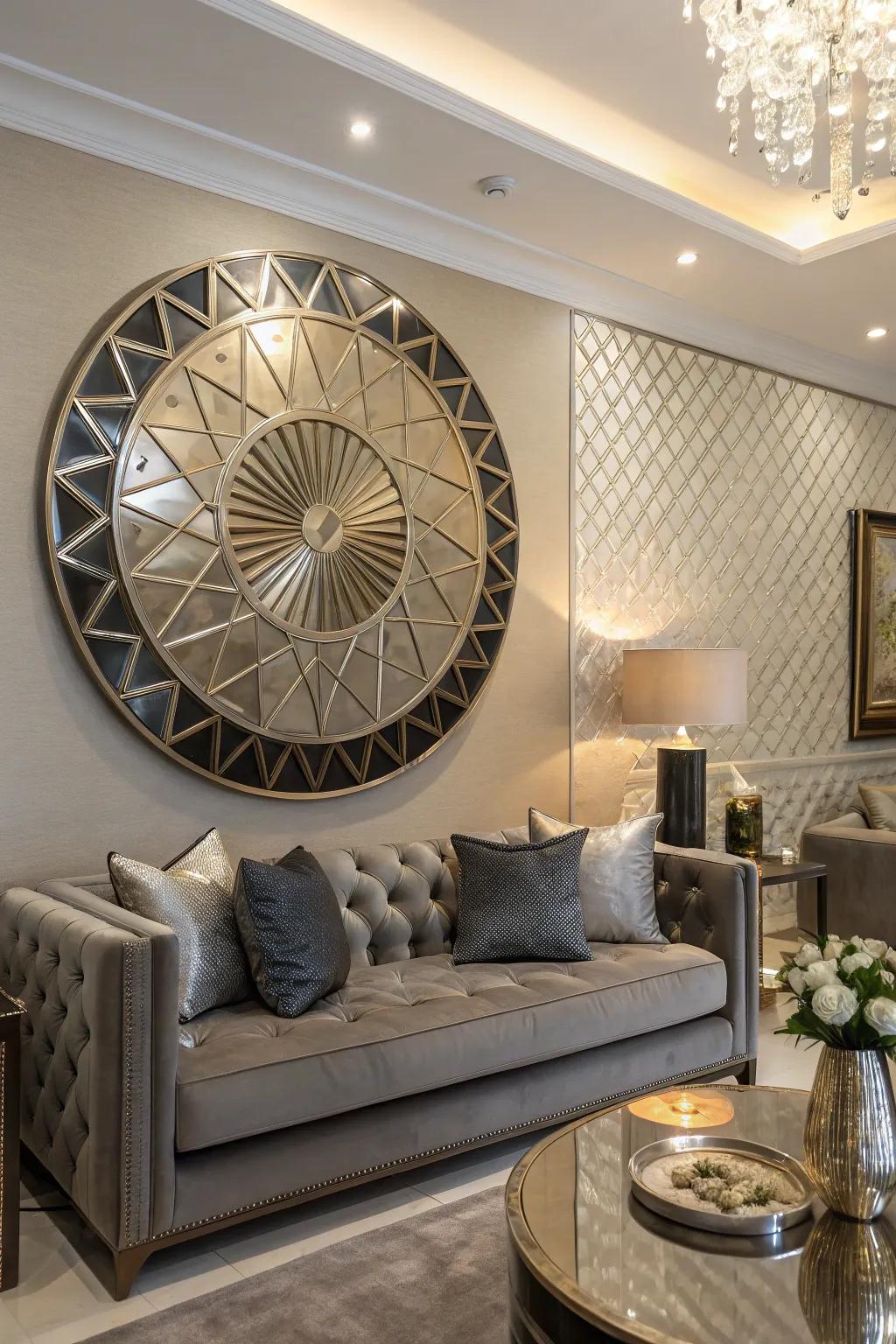 Modern living space featuring metal round wall decorations displaying geometric patterns.