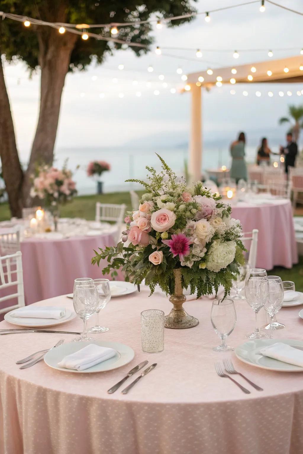 Whimsical pastel table coverings perfect for a spring nuptial.