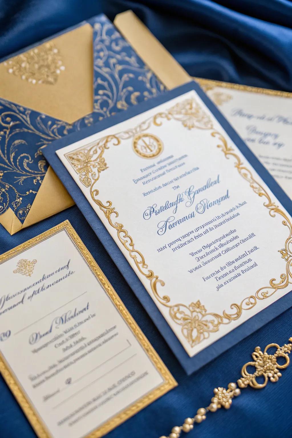 Stylish wedding invites with majestic blue accents.