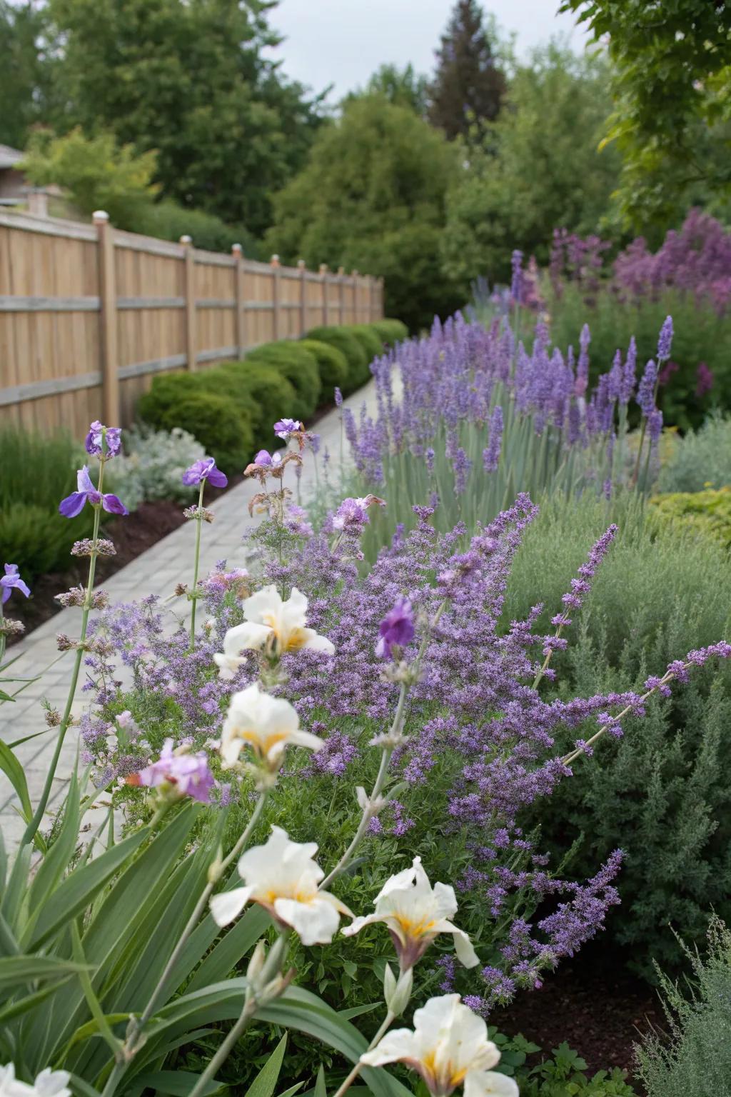 A garden that offers continuous color, featuring bearded irises and azure blooms.