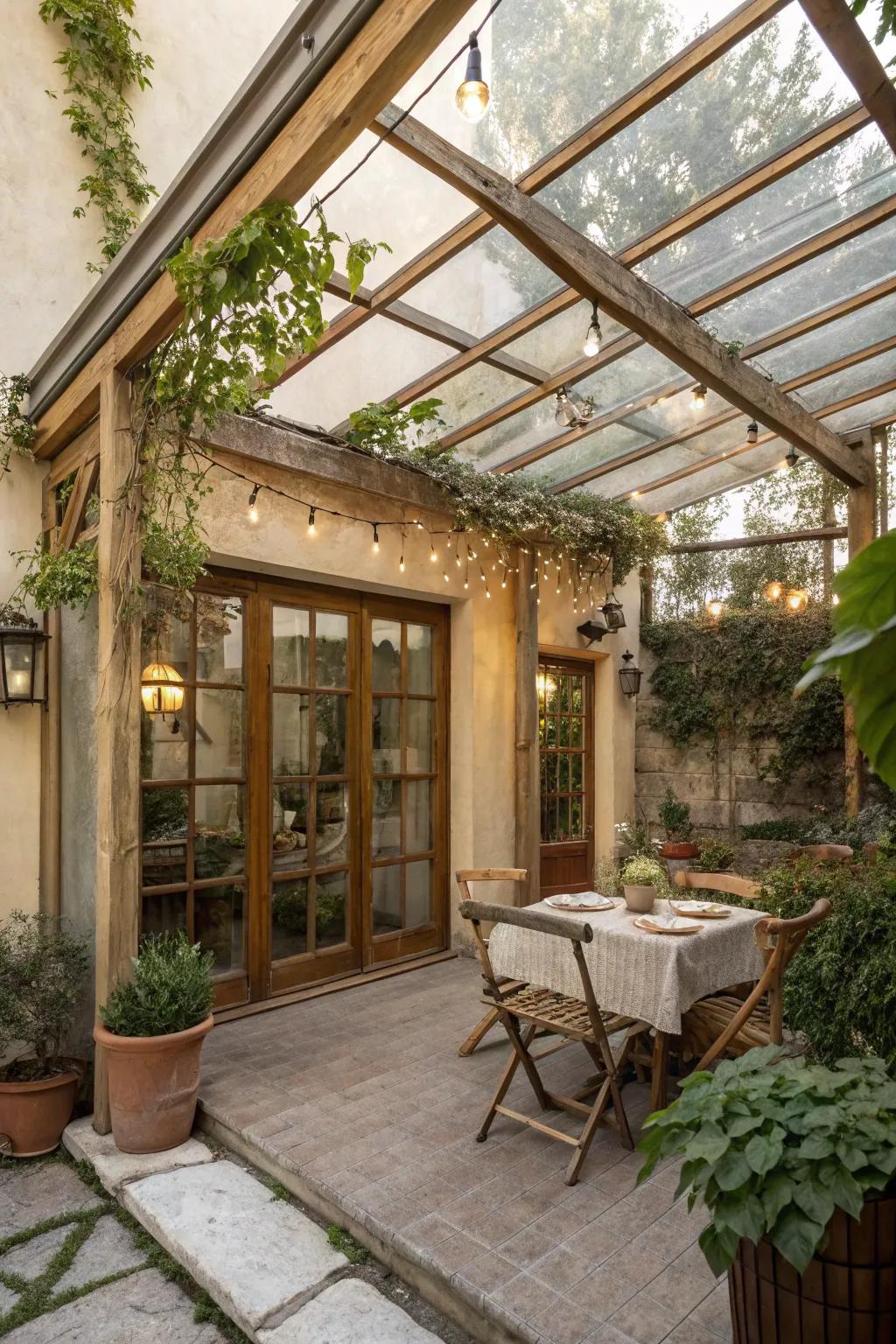 Countryside glass coverings offer light and charm.