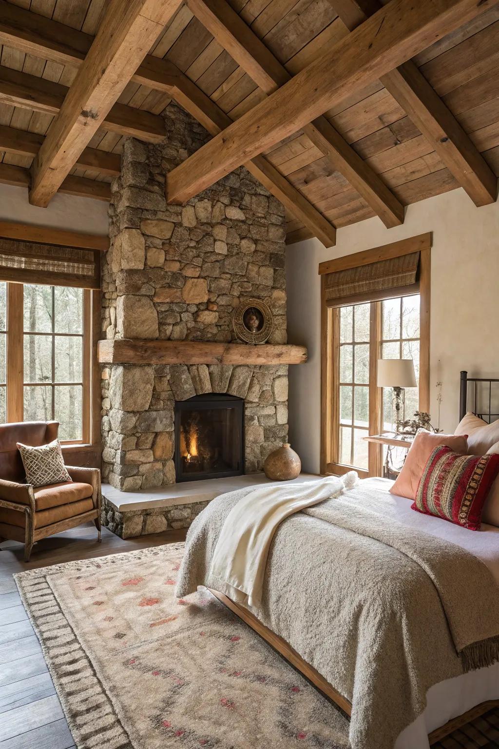 A stone fireplace serves as a cozy and raw point of emphasis.