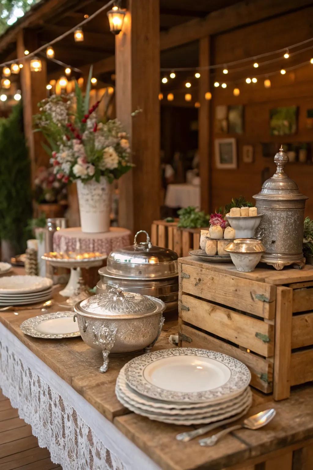 Vintage dining accessories add a unique charm to the country-style buffet table.