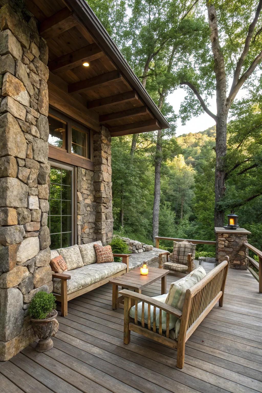 Stone details provide texture and charm to this countryside deck.
