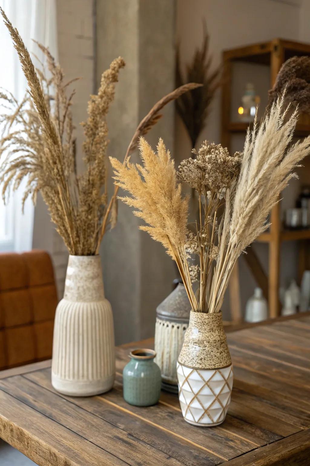 Preserved grasses add natural beauty.