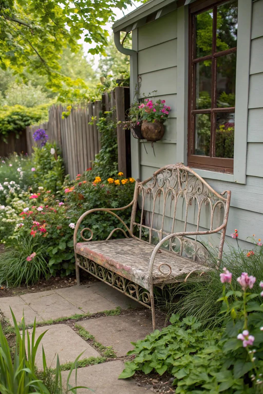 A unique garden seat made from a reused metal bed structure.