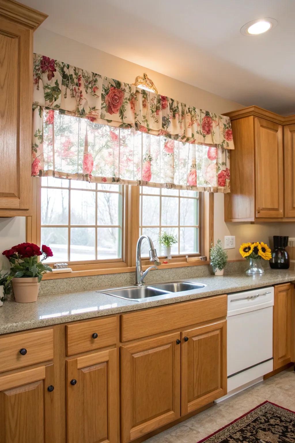 A cheerful culinary space magnified by a botanical material valance that contributes a burst of hue and nature.