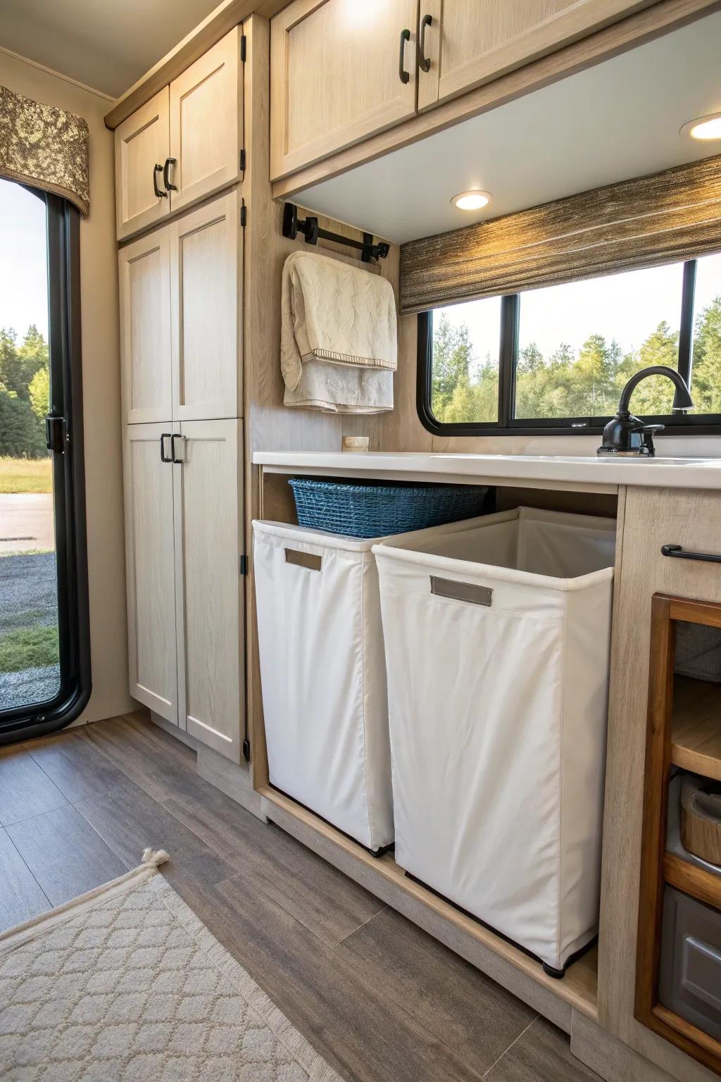 A custom cabinet perfectly designed for laundry storage in an RV.