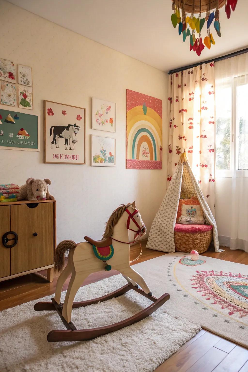 An equestrian rocking horse injects a whimsical element into this cheerful children's space.