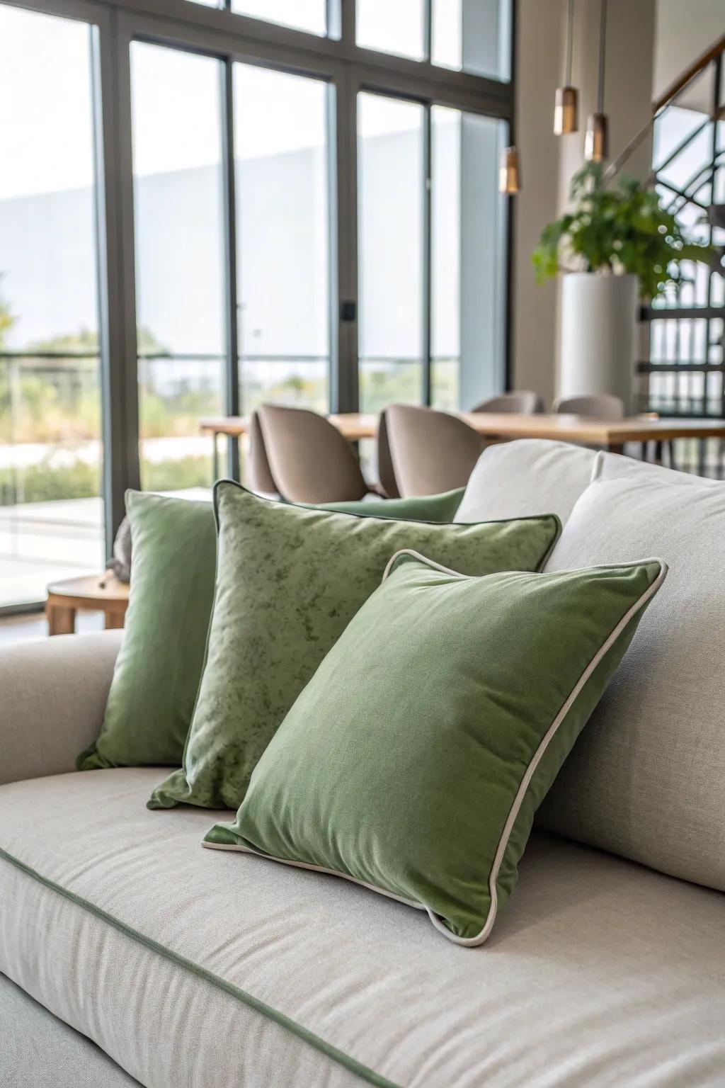 Sage green pillows contribute an elegant, new touch to your home's decoration.