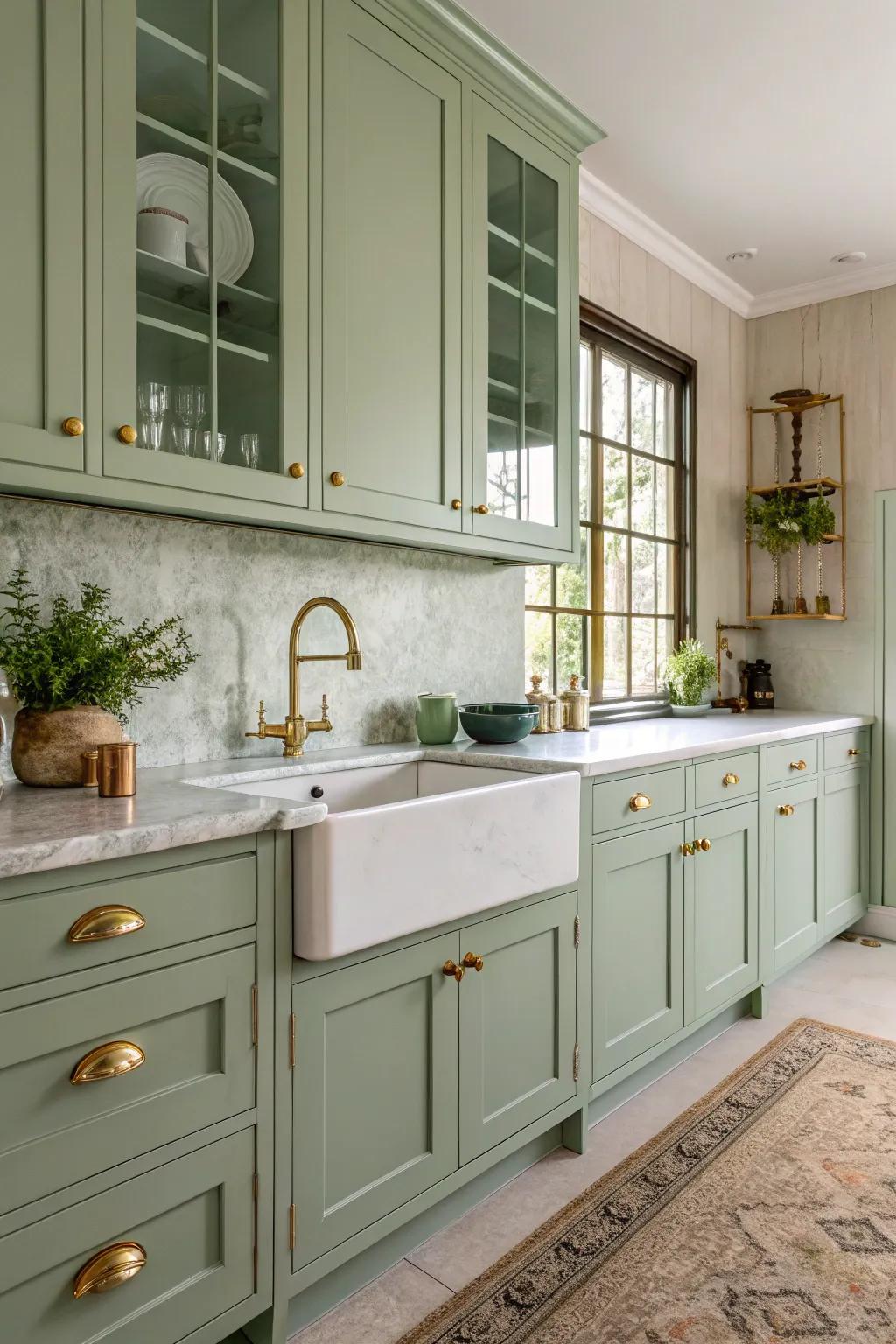 Bronze hardware adding a luxurious element to a green tea kitchen.