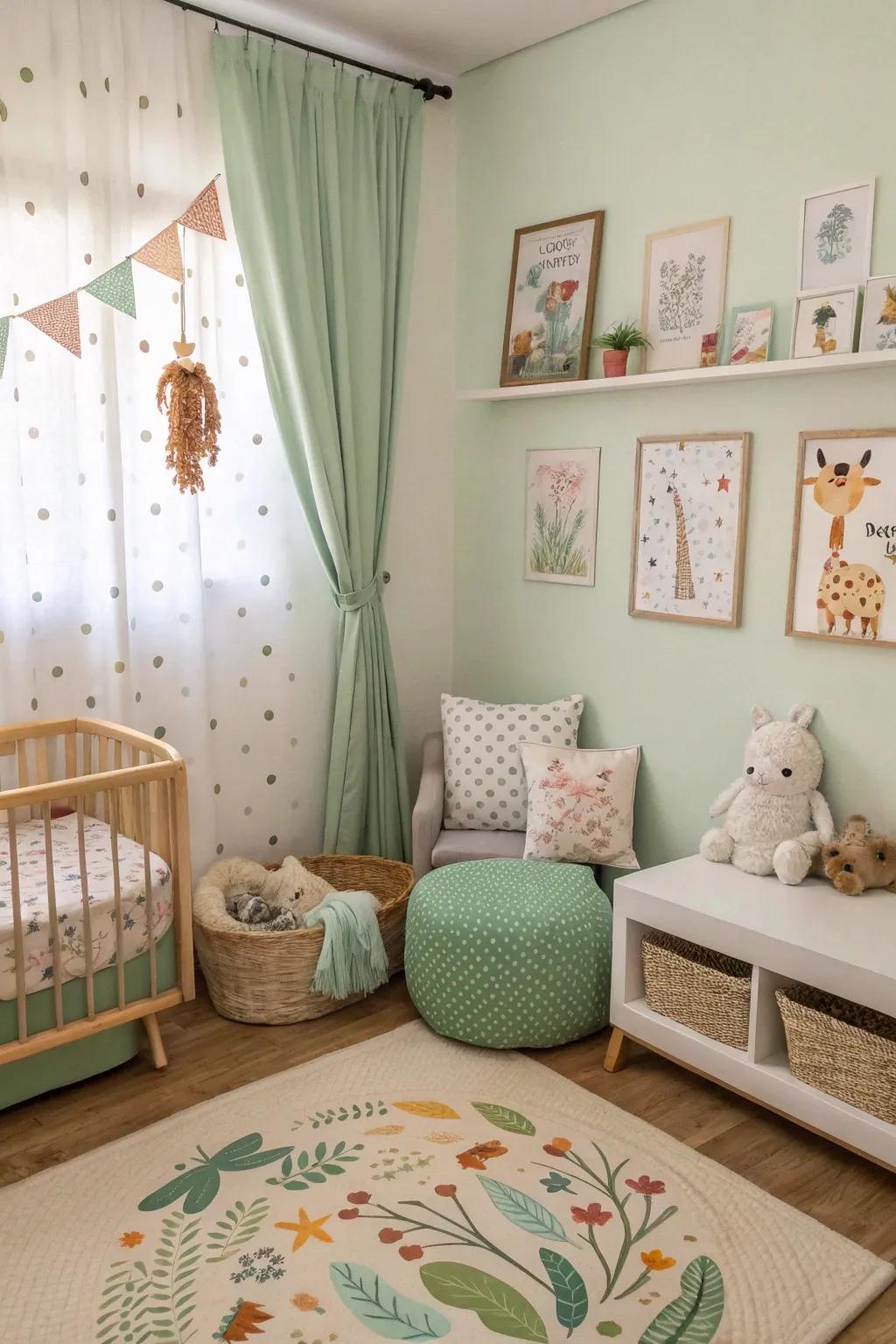 Whimsical animal themes bring playfulness to a soft leaf green nursery.