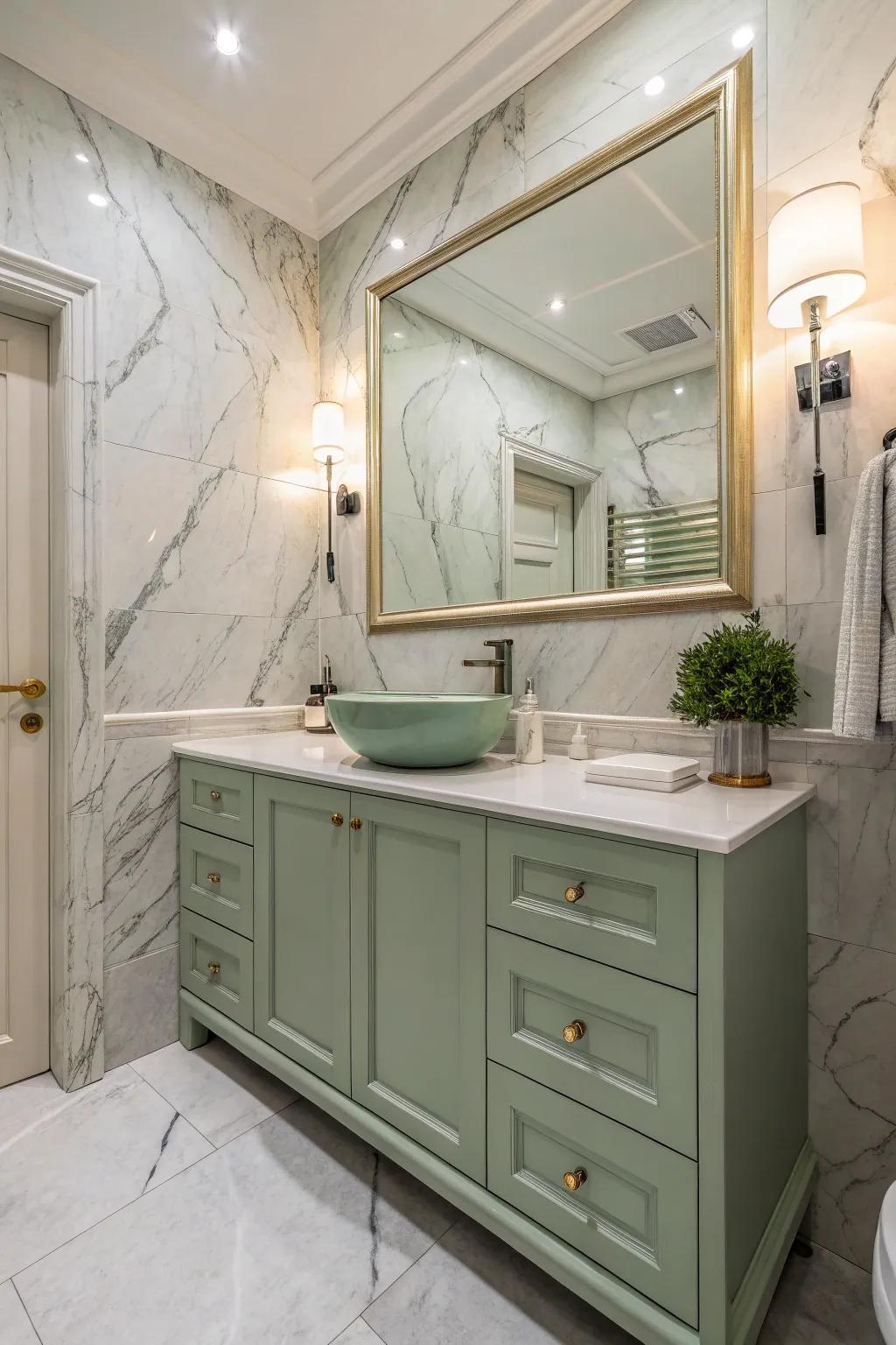 A luxurious bath with a willow tint vanity and class stone counter surfaces.