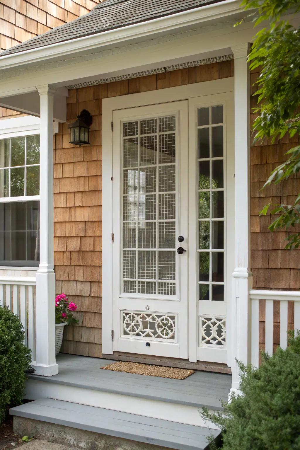 A classic white screen door brings timeless elegance to this entrance.