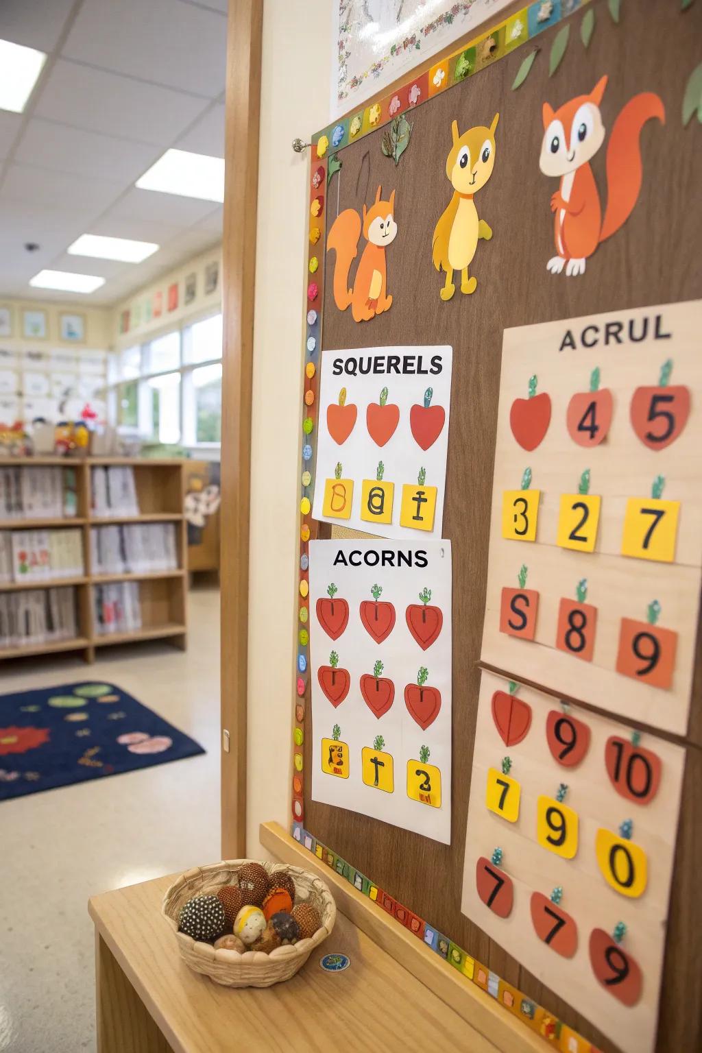 A squirrel-themed display board utilizing acorns for educational activities.