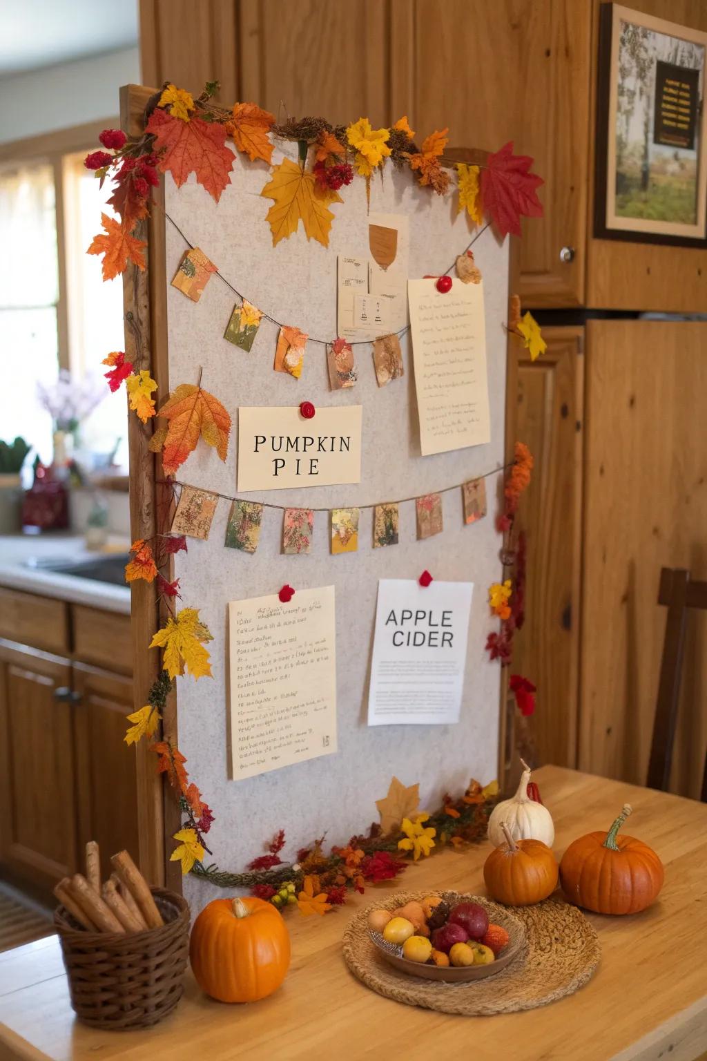 A bulletin board overflowing with handwritten autumn recipes contributed by team members.