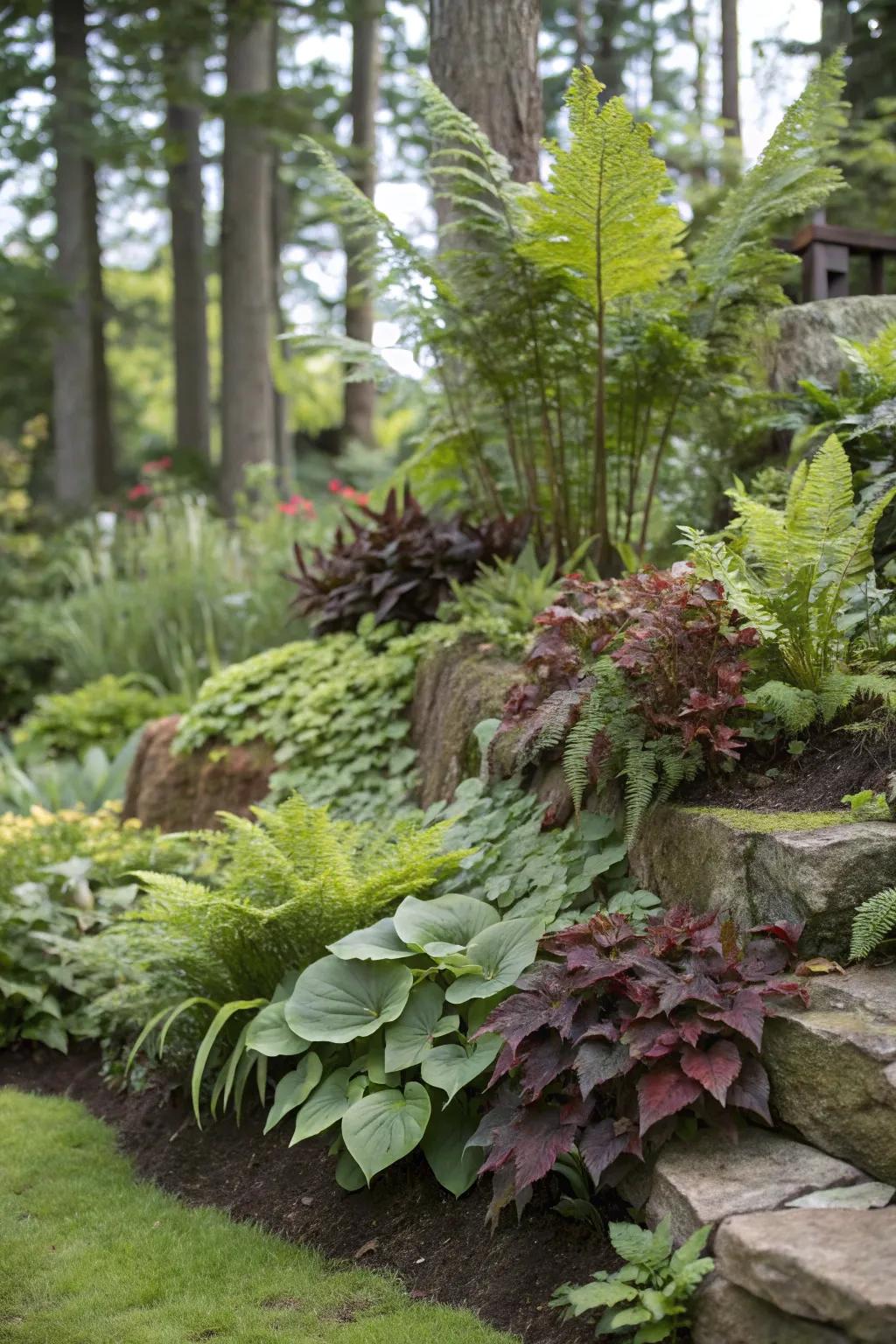 Stratified planting enhancing depth within a shade garden.