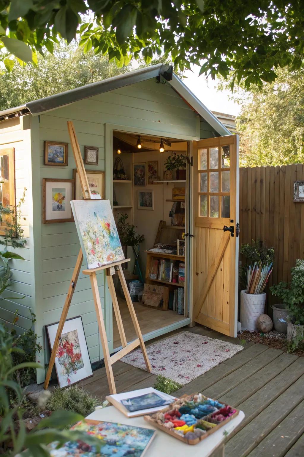 A garden shed converted into a creative art studio.
