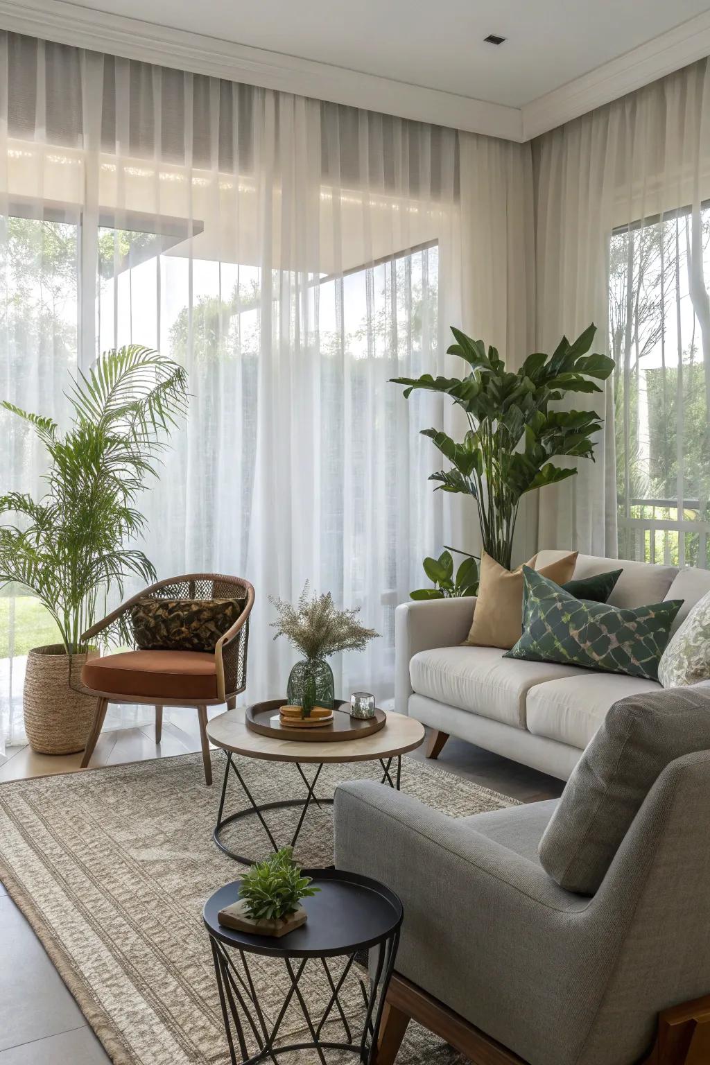Complementary embellishments with delicate panels produce a harmonious and chic living area.