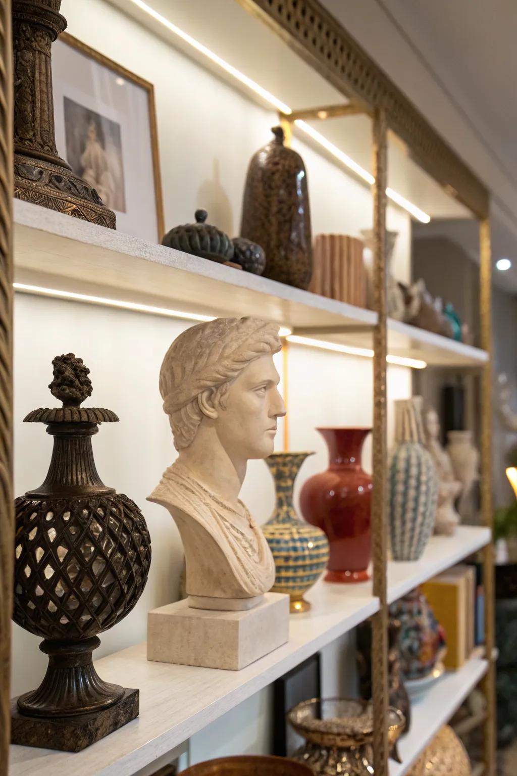 Ornamental accents inject character and charm into the shelf.