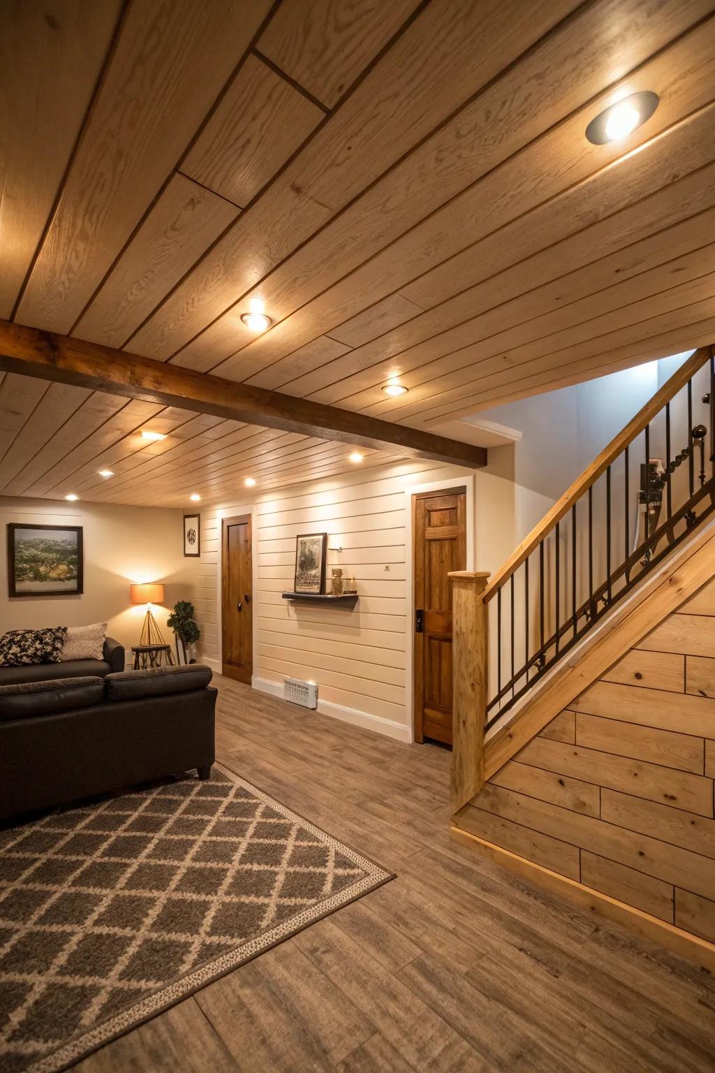 A snug basement highlighting a paneling ceiling.